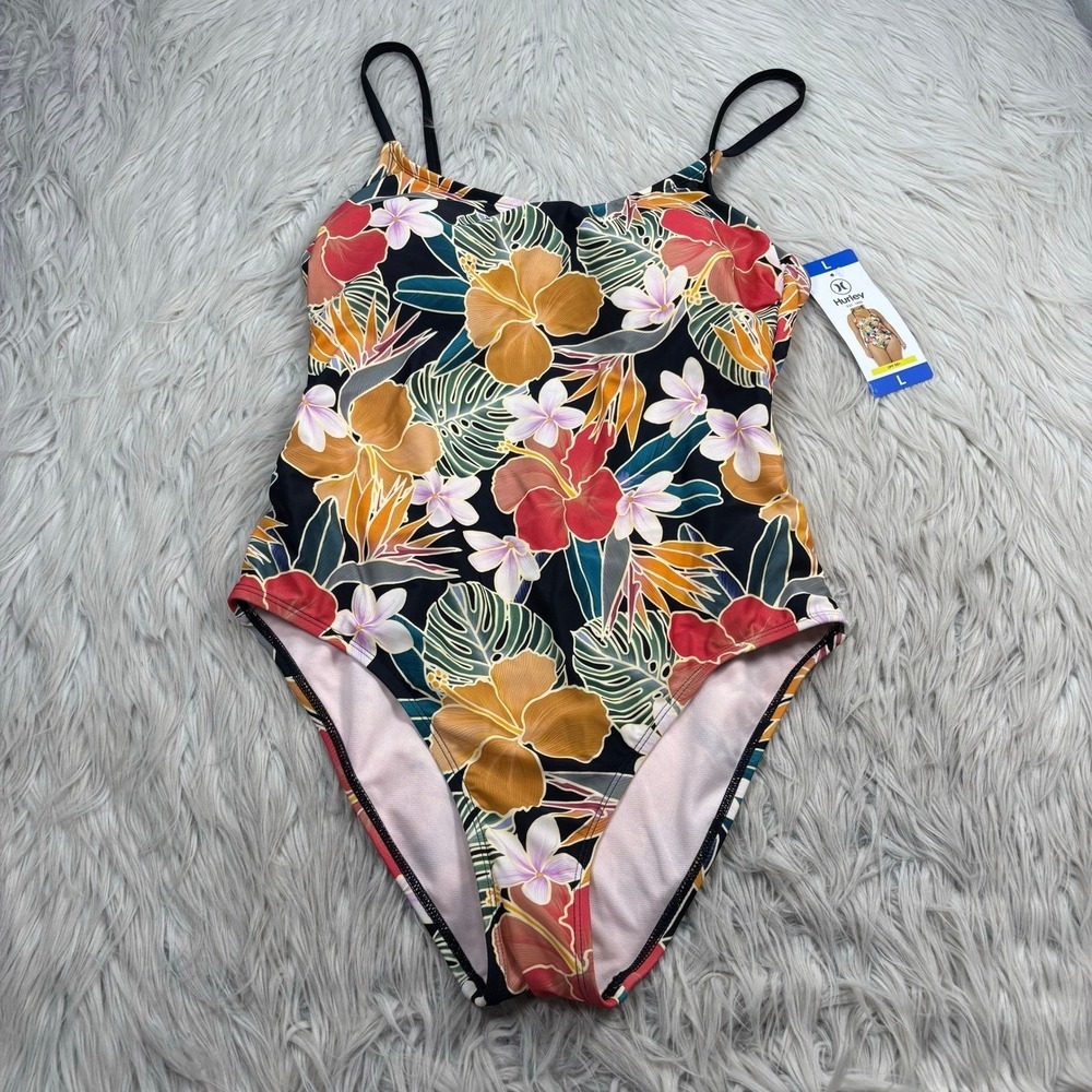 NWT Hurley Women's L Multi-Color Tropical Floral Strappy Back One Piece Swimsuit